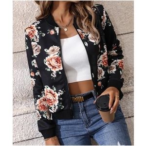 Boho Floral Print Zipper Light Bomber Jacket